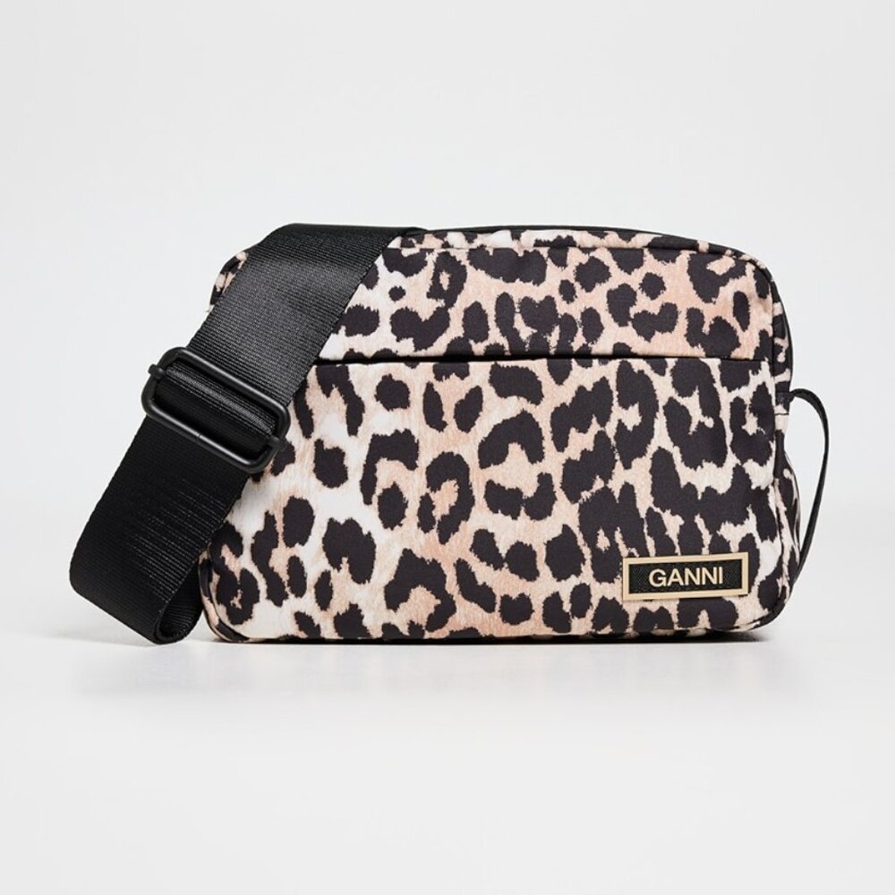 gently worn GANNI Recycled Tech Festival Bag, Nylon Crossbody Leopard